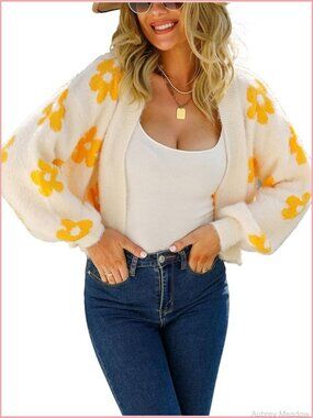 Fuzzy Daisy Printed Cropped Cardigan Open Front Jacquard Knit Sweater Tops